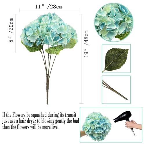 2Bouquets Artificial Fake Flowers Plants Silk Hydrangea Arrangements Wedding Bouquets Decorations Plastic Floral Home Kitchen Garden Party Festival Bar DIY (Light Blue,5 Flower Heads) - color: Light Blue,5 Flower Heads