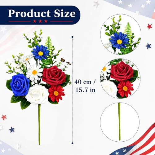 6 Pcs Artificial Patriotic Flowers 15.7 Inch Red White Blue Flowers Faux Bouquets Patriotic Branches for 4th of July Independence Day Memorial Grave Decorations USA Themed Table Centerpiece - color: Blue, White, Red