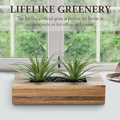 MyGift 10 Inch Artificial Green Grass Plants in Deluxe Acacia Solid Wood Decorative Planter Pot, Faux Greenery in Rectangular Wooden Container - color: Brown, size: 9.5 Inch