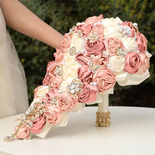 Handmade Satin Rose Water Drop Bridal Bouquet,8.7inch Crystal Wedding Round Tossing Bouquet,Jewelry Proposal Bridesmaid Bouquet Groom Corsage Bride Wrist Flower ivory (07#Ivory Champagne pink) - color: 07#ivory Champagne Pink