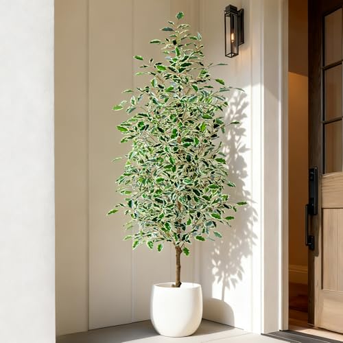 Bailikang 6FT Artificial Ficus Trees Indoor Faux Trees Indoor Fake Floor Plants Tall Artificial Tree with White Pot Faux Tree Fake Indoor Tree Silk Plants Artificial Trees for Home Decor Indoor - color: White Leaf With White Pot, size: 6ft