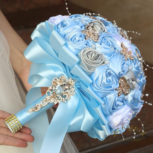 Handmade Wedding Flowers Bouquet Round Holding Bridal Bouquet Artificial Satin Roses Bunch for Bride Bridesmaid Wedding Quinceanera - color: Light Blue, Silver & White, size: Medium (Dia. 8.7"/22cm)