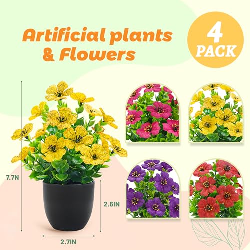 Der Rose 4 Pack Small Fake Plants with Fragrance Discs Spring Faux Flowers in Black Pots Artificial Plants Indoor for Bathroom Room Office Desk Decor - color: Black