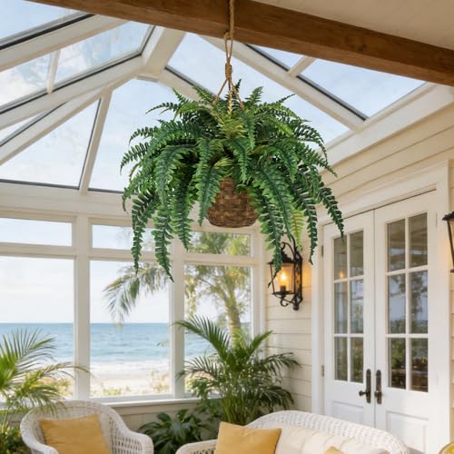 Hollyone Large Fake Hanging Ferns 49 Leaves Boston Ferns Artificial Plants Outdoor Indoor Potted Plant 23.6inch Faux Fern in Baskets Pot Artificial Hanging Fern Bush Plant for Patio Garden Porch Decor - size: Hanging Fern