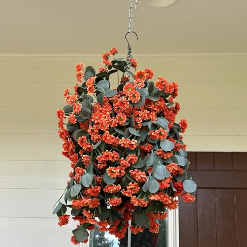Artificial Fall Hanging Flowers Plants for Decoration 2 PCS Silk Fake Faux Mums for Outdoor Planters Long Vines Stems Bouquet Daisy UV Resistant for Wall Home Porch Patio Balcony Front Door Décor - color: B-orange