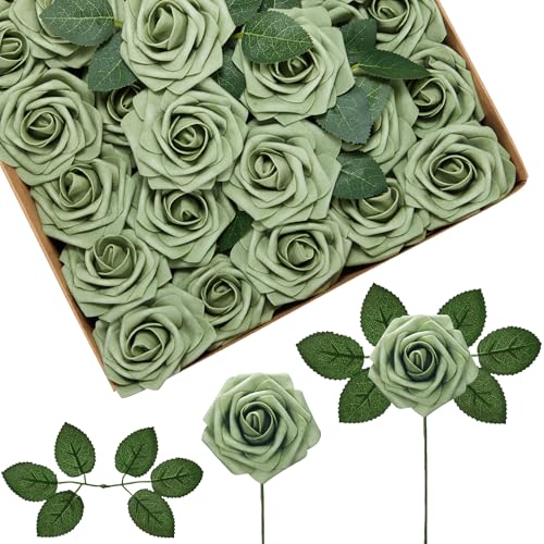 InnoGear Artificial Flowers, 50 Pcs Elf Green Rose Foam Fake Roses Bulk with Stems for Spring St. Patrick's Decoration DIY Wedding Bouquets Centerpieces Bridal Shower Party Christmas Tree - color: Elf Green