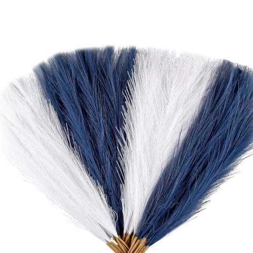 Blue and White Pampas Grass Decor, 30 Pcs 17" Navy Blue & White Flowers Short Fluffy Artificial Faux Pampas Grass Stems, Fake Bulrush Floor Vase Filler Flower Arrangement for Boho Home Decor - color: Blue and White