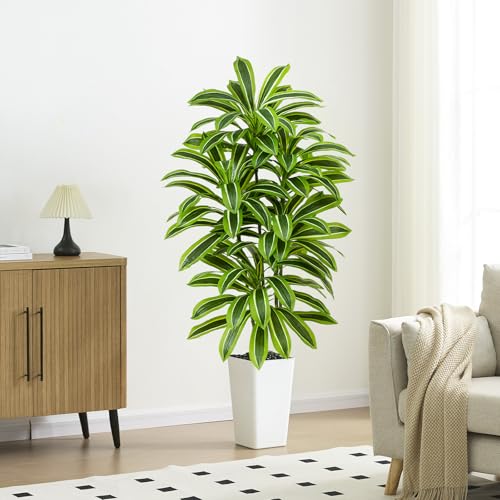 Artificial Yellow Dracaena Tree - 5FT Tall Fake Plants with White Tall Planter - Artificial Plants Indoor Floor Plant in Pot - Large Tropical Fake Yucca Potted Tree for Home Office Living Room Decor - color: White-yellow Leaf, size: 5 FT