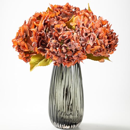 TOPIA Silk Fall Flowers Artificial Silk Dried Hydrangea Flowers Fall Hydrangeas Bouquet Autumn Florals Decorations for Office and Home(6 PCS) (Orange) - color: Orange
