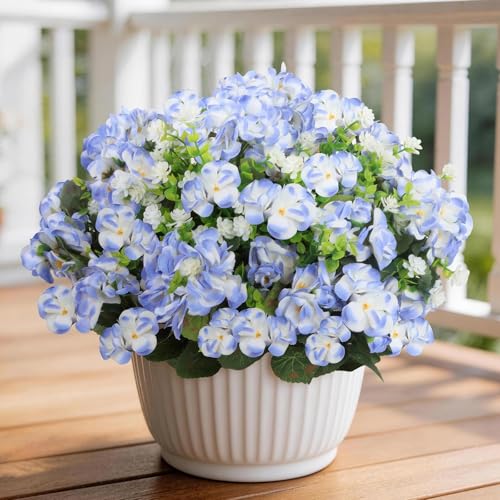 Olatay 12 Bundles Mixed Color Artificial Flowers for Outdoor, Artificial Geraniums Flowers for Outdoor, UV-Resistant Fake Geraniums for Porch, Balcony, Garden, Indoor Decoration (White-Blue) - color: White-blue