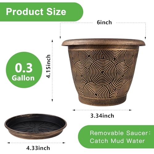 Fodetyff 6 Inch Flower Pots Planters for Indoor Outdoor Plants, 6 Pack Plastic Small Plant Pots with Drainage Hole & Tray, Modern Decorative Garden Pot with Saucer, Plant Container for House - color: Gold, size: 6 inch-6 pack