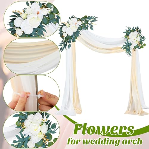 Thiccywoov 4 Pcs Wedding Arch Flowers and Drape Kit Include 2 Artificial Floral Swag and 2 White Chiffon Drapes, Faux Flower Set for DIY Wedding Party Reception Ceremony Backdrop Rose Decoration - color: Beige