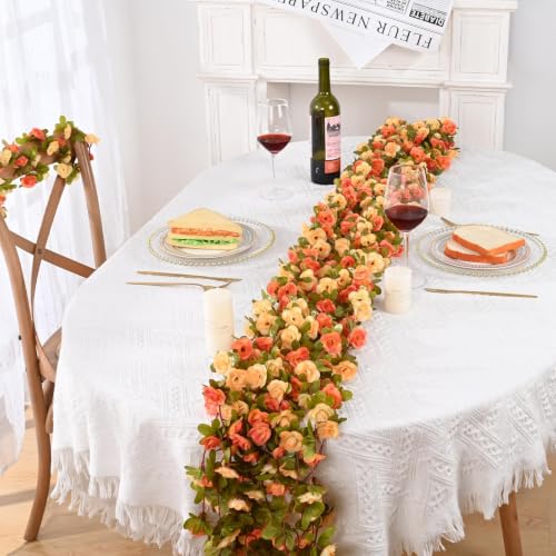 MARTINE MALL Flower Garland Rose Vines, 2 Strands 16.5Ft Flower Vines for Bedroom, Rose Flower Garland Decoration, Champagne and Orange Floral Garland for Room Birthday Wedding Party Garden Wall Decor - color: Champagne and Orange, size: 2 Packs