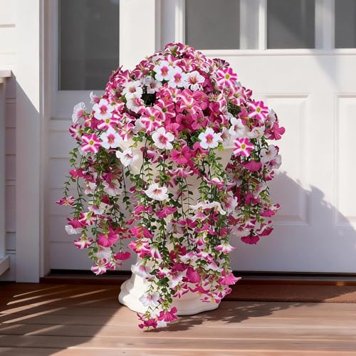 3 Pack Artificial Flowers for Outdoors,Fake Petunias Hanging - Outside Flowers UV Resistant for Porch ，Patio Decor,Tall Artificial Plants for Outdoor Planters,Spring Home Decoration(Pink White) - color: Pink-3