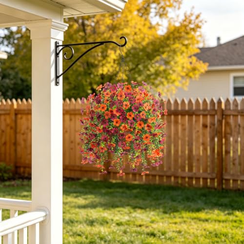 Ammyoo Artificial Hanging Flower with Basket for Fall Decor, Fake Mums Plants Uv Resistant Faux Silk Daisy Flowers No Fade for Outside Garden Porch Patio Autumn Decoration(Orange Brown) - color: Gyellow Brown