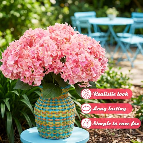 Hotop Hydrangea Artificial Flower Bush for Outdoor 19.6inch Large Silk Hydrangea 5 Heads Realistic UV Resistant Fake Flower for Porch Bouquet Window Box Wedding Indoor(2 Pcs,Rose Red) - color: Rose Red