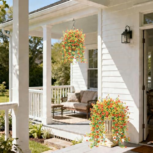 Fake Artificial Hanging Flowers for Outdoors, 2 Pcs Fake Hanging Plant Spring Summer Decor, UV Resistant No Fade Faux Silk Daisy Flower for Front Door Porch Planter Patio Yard Garden(Orange Yellow) - color: Orange, Yellow