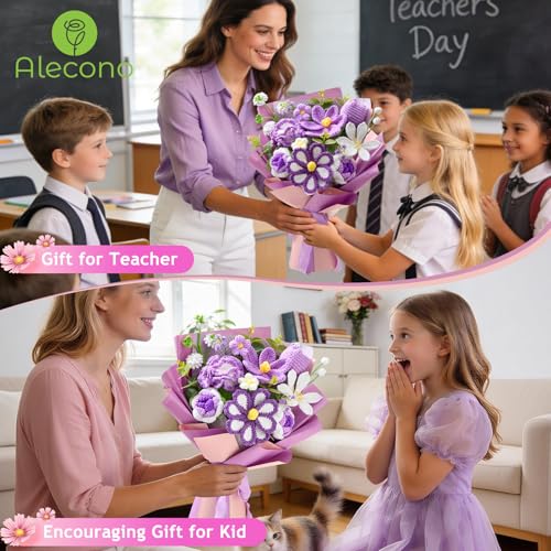 Alecono Large Crochet Flower Bouquet, Knitted Artificial Flowers, Crochet Tulip as a Gift for Valentines Day Mothers Day, Graduation Gifts for Girls Women (Purple) - color: Purple, size: X-Large