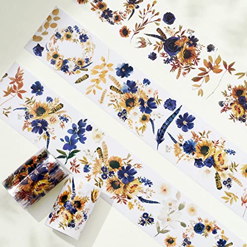 WT PET Tape, Floral Sunflower & Navy Design, Wide Decorative Craft Tape, Single Roll, Clear Transparent Tape for Bujo Planner & DIY Scrapbooking Supplies - color: WT Sunflower & Navy PET Tape