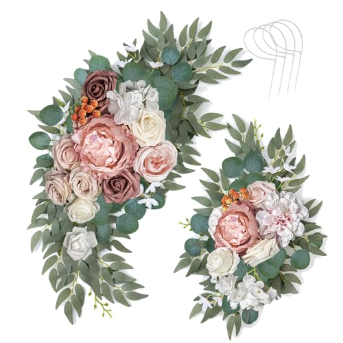 AitnWoy Artificial Wedding Arch Flowers Kit 2 PCS Dust Rose Flowers Silk Peony Floral Swag Welcome Sign for Wedding Ceremony Party Home Garland Decor - color: Reddish Brown, size: 28" + 11"