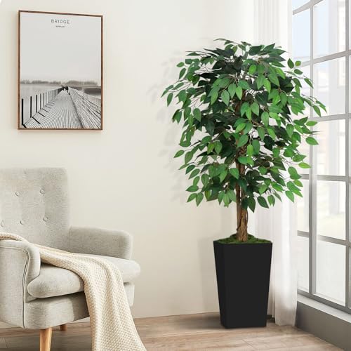 5ft Ficus Artificial Tree with 3 Natural Curved Trunks, 60" Tall Lush Faux Tree for Home Decor Indoor, Green Lifelike Fake Ficus Tree with Black Planter Pot - color: Black Planter, size: 5ft