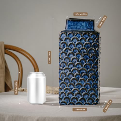 Ceramic Flower Vase, 12.6” Tall Vintage Blue Pottery Vase for Home Decor, Rustic Textured Vase for Pampas Grass, Living Room, Entryway, Mantel, Kitchen Table - color: 303-blue