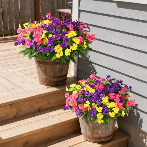 Artificial Impatiens Flowers for Outdoors, 6 Bundles Multicolor Silk Fake Flowers for Spring Summer Decoration, UV Resistant Faux Plants Plastic Bouquet for Home Planter Porch Patio Yard Decor - color: Purple,yellow,pink