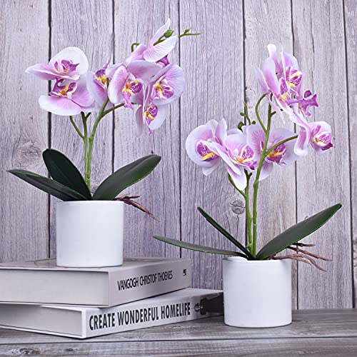 XONOR Artificial Orchid Flowers, 2 Pieces Potted Orchid Flowers with Plastic Vase for Table Centerpiece Home Decor Office Wedding Party Decoration - color: Purple