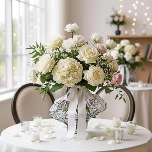 1.7 lbs Heavy Duty Glass Vases for Flowers, 6.5 Inch Small Vase with Weighted Base to Prevent Tipping, Modern Wavy Groove Decorative Glass Vase for Table Centerpiece, Bookshelf, Home Decor (Clear) - color: Clear