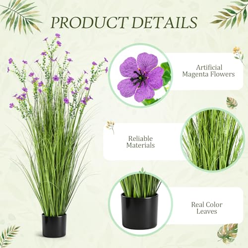 Jexine 2 Pack 4ft/47inch Artificial Grass Plant Outdoor Artificial Greenery Grass in Pot with Fake Purple Flowers for Spring Room Office Indoor Outdoor Decor Housewarming Gifts - color: Purple Fuchsia, size: 4ft