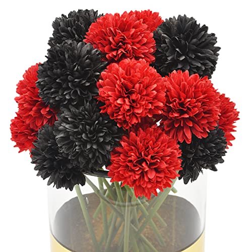 20Pcs Artificial Fake Flower Plants Silk Chrysanthemum Ball Hydrangea Arrangements Wedding Bouquets Decor Home Kitchen Garden Party Table Floral Centerpieces DIY (Red&Black) - color: Red&black