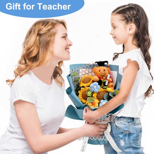 Graduation Gifts Crochet Flowers Bouquet, Handmade Sunflower Rose Bear Graduations Flower Bouquet for Birthday, Teacher Appreciation Gifts, Christmas, Home Décor (Include Card) Blue - color: Blue