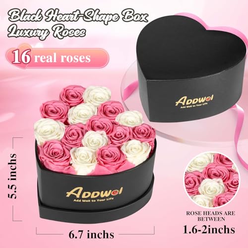 ADDWel Romantic Preserved Roses Bouquet for Her Anniversary, Birthday Flower Gifts for Women, 16-Pieces Eternal Roses with Natural Fragrance in Heart-Shape Box for Wife Girlfriend Mom - color: Pink & White