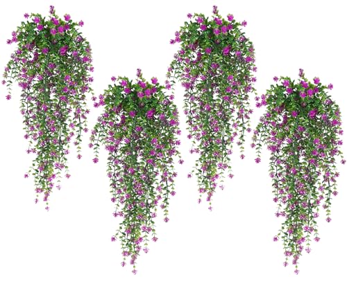 SJL Faux Hanging Plant 4 Pack Hanging Vines Plants Indoor Realistic Artificial Fake Small Hang Plant Leaves Faux Outdoor Plants Plastic Flowers Stem Decor for Wall Room Party (Fuchsia) - color: Fuchsia