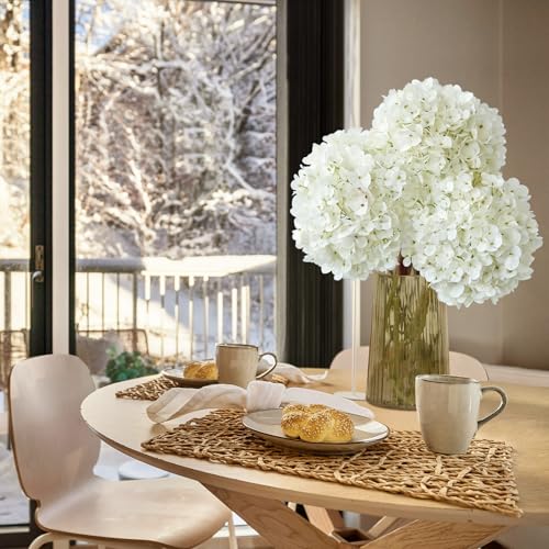 ZYTUYO 3PCS White Hydrangea Artificial Flowers 25.6" Large Fake Hydrangeas Flowers with Stems Faux Silk Bouquet for Indoor Home Decor Table Wedding Party Floral Outdoor Centerpieces - color: White