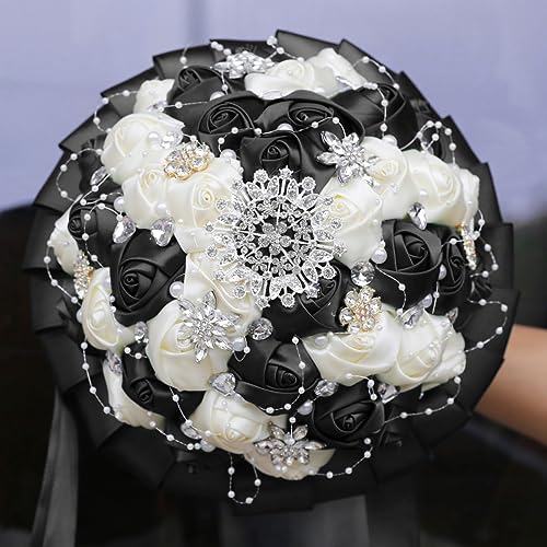 Wedding Bouquets for Bride Handmade Bridesmaid Brooch Bouquet Artificial Rhinestone Satin Rose Flower Tossing Bouquet for Wedding Ceremony Anniversary (Ivory/Black, 9.4''/24cm) - color: Ivory/Black, size: 9.4 inches