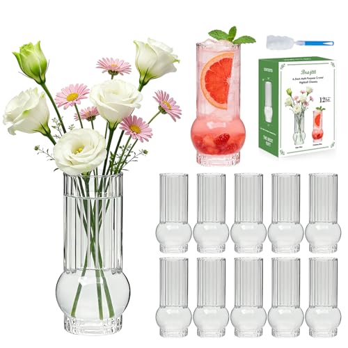 Ribbed Glass Cylinder Vases，6.5 Inch Drinking Glasses，Flower Vase 12 pcs | for Home Decor, Wedding Centerpiece Table Decoration, Modern Glass Flower Vases for Living Room, Dining Table & Event Styling - size: Ribbed Juice Vase-12PCS