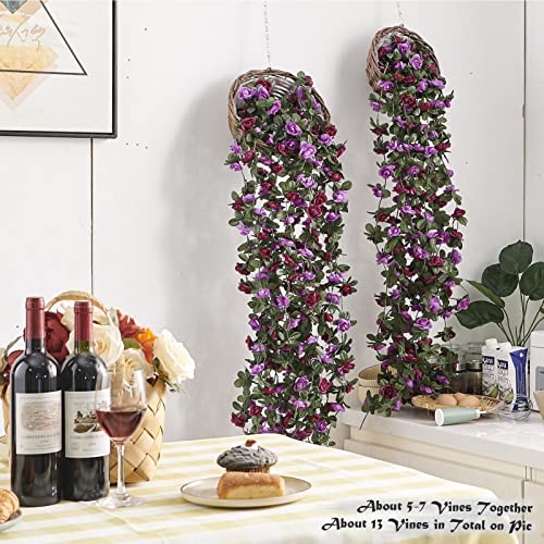 PONKING 8 Pcs x 8.2 ft Flower Garland Artificial Rose Vine Flowers with Green Leaves Hanging Fake Roses Vine for Room Party Home Wedding Birthday Christmas Wall Arch Decor, Spring Purple Flower - color: Spring-purple-8pcs, size: 8 Vines 66FT
