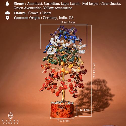 7 Chakra Healing Crystal Tree of Life for Manifestation, Handmade Crystal Tree for Good Luck, Positive Energy, Reiki, Home Office Room Wall Decor, Unique Birthday Gift for Women, Men, Mom & Dad - color: Wooden Base 7 Chakra Full Golden Wire Tree