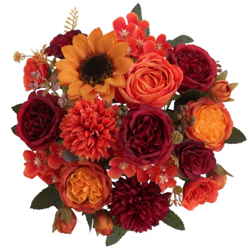 4 Pcs Mixed Autumn Artificial Peony Flower Set-2 Bouquets & 2 Stems, Burnt Orange Wine Red Fake Peony Sunflower Silk Flower for Fall Table Centerpiece Farm Wedding Thanksgiving Halloween Home Decor - color: Burnt Orange & Burgundy, size: Mixed 4pcs