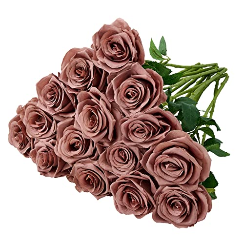 15pcs Dusty Rose Artificial Flowers Roses Fake Silk Flowers Faux Long Stem Artificial Roses for Wedding Party Bridal Show Decorations (VASE is NOT INVLUDED) - color: Dusty Rose