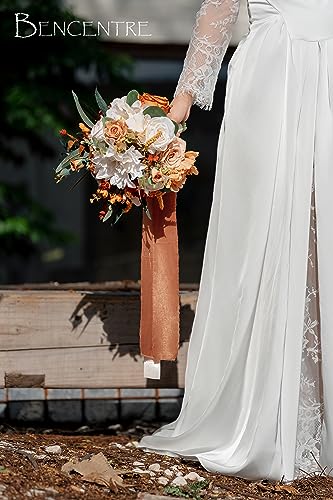 10 Inch Burnt Orange Bridal Bouquet,Fall Wedding Bouquet,Bride Bouquets for Wedding Ceremony Anniversary, Party and French Rustic Vintage Wedding,Artificial Flowers - color: Burnt Orange