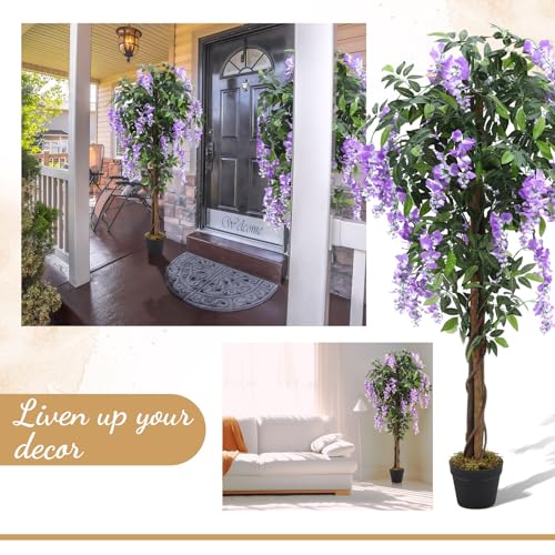 Thiccywoov 1 Pack 5ft Artificial Wisteria Tree Tall Fake Tree with Cement Base Pot Faux Floor Plant Decoration for Indoor Outdoor Home Office Housewarming Gift - color: Natural Green Leaves With Purple Flowers