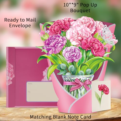 Airpark Pop Up Flower Bouquet Card for Women, 3D Floral Greeting Card with Envelope and Note, Birthday Thank You Thinking of You Get Well Gift for Mom Friend Wife Teacher, Carnation - style: Carnations