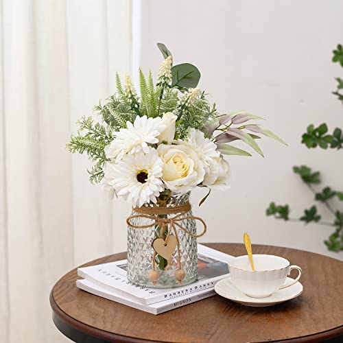Artificial White Flowers with Vase, Fake Flowers Arrangement for Home Decor, Faux Flowers for Farmhouse Coffee Table Decor, House Kitchen Centerpiece Table Decorations - color: Milky White
