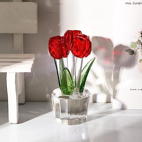 Qianwei Crystal Tulips Flowers Figurine Red with Vase - Glass Flower Bouquet Collectible Figurines Crystal Office Home Decor Paperweight - Tulip Gifts for Women Mom Bestfriend Wedding Anniversary - color: Red Tulip