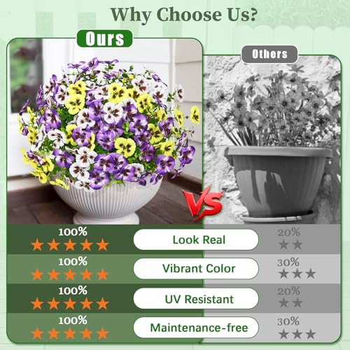 MARTINE MALL 8 Bundles Look Real Artificial Flowers for Outdoors, Realistic Fake Outdoor Flowers, UV Resistant Silk Pansy Flowers for Outside Faux Flower Plants for Outdoor Porch Garden, Mixed Colors - color: Yellow+white+purple, size: 8 Bundles