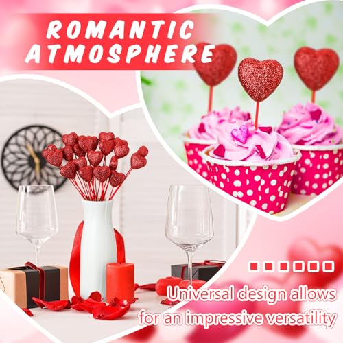 12 Pcs Glitter Foam Hearts Sticks Foam Heart Picks Sparkly Hearts Stems Puffy Heart Wooden Picks for Wedding Decorations Flower Arrangements Crafts (Red) - color: Red, size: 12 Pcs