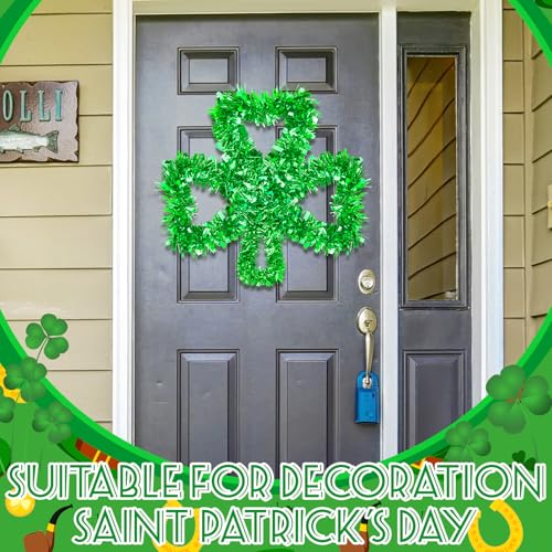 15.7 Inch St Patricks Day Shamrock Wreath for Front Door Shamrock Iron Wire Tinsel Wreath Lucky Clover Garland Hanging Ornaments for Irish Holiday Wall Window Party Decor - color: Shamrock