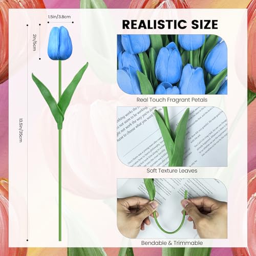 30 PCS Artificial Tulips Real Touch Tulips 13.5inch Long Stem Fake Flowers Silk Flowers for Spring Easter Mother's Day Decorations（Light Blue） - color: Light Blue